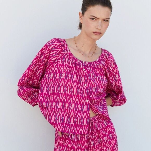 Mango pink printed blouse with puff sleeves - Picture 2 of 7